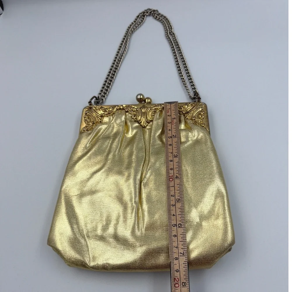 Vintage Gold Satin Evening Bag Ornate Frame Chain Strap‎ Clutch w/ Coin Bag